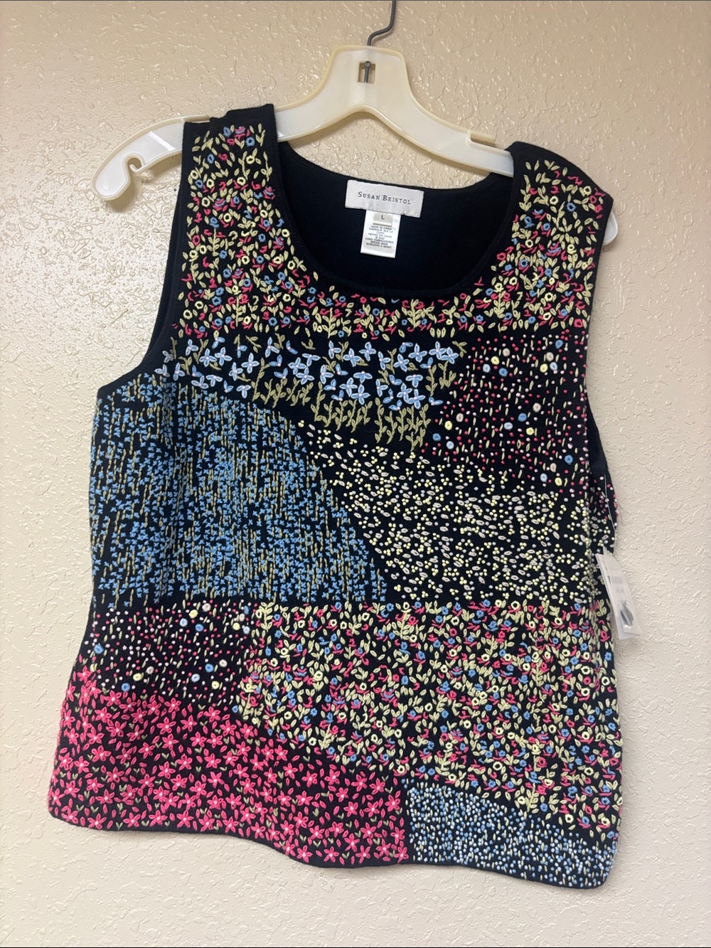 Susan Bristol Black Patchwork Floral Tank with Pink & Blue Accents